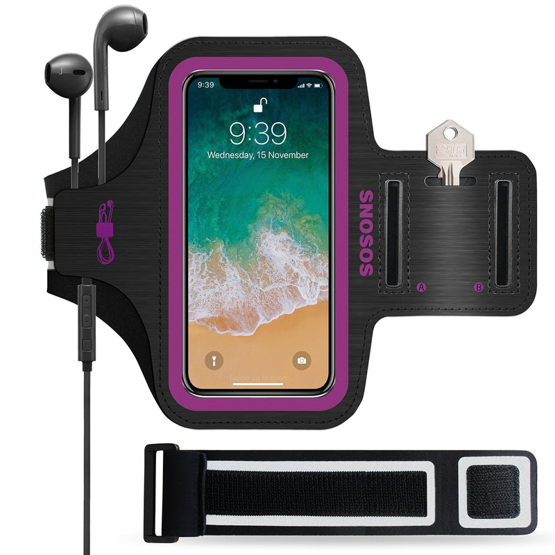 [Australia - AusPower] - SOSONS iPhone X Armband, Water Resistant Sports Gym Armband Case for iPhone X.Fingerprint Touch Supported and Fits Smartphones with Slim Case,Armband with Card Pockets + Extension Strap Purple 
