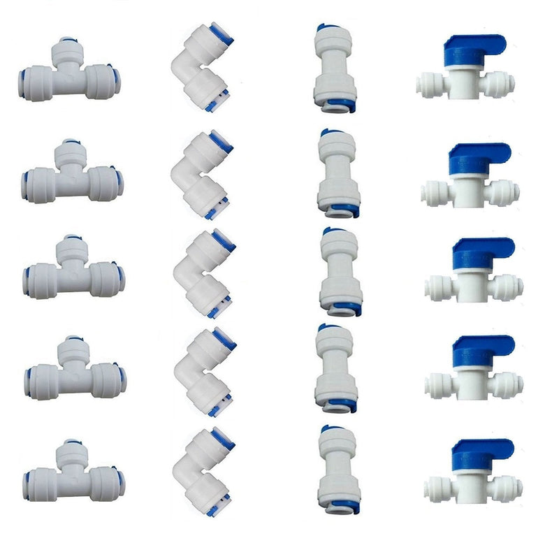 [Australia - AusPower] - Liimevvon 1/4" OD Quick Connect Push In to Connect for RO Water Reverse Osmosis System Water Tube Fitting Set Of 20 (ball valve+T+I+L Type Combo) 