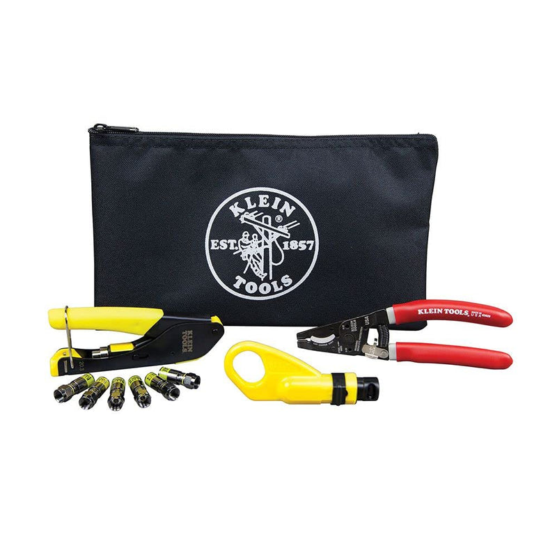 [Australia - AusPower] - Klein Tools VDV026-211 Coax Installation Kit with Crimp Tool, Cable Cutter, Stripper and F Connectors with Storage Bag 