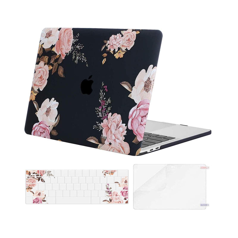 [Australia - AusPower] - MOSISO Compatible with MacBook Pro 13 inch Case 2016-2020 Release A2338 M1 A2289 A2251 A2159 A1989 A1706 A1708, Plastic Peony Hard Shell Case & Keyboard Cover Skin & Screen Protector, Black 
