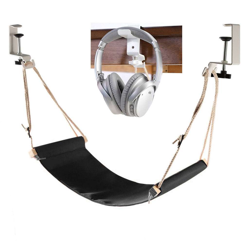 [Australia - AusPower] - Auoinge Foot Hammock Under Desk Foot Rest | Adjustable Office Footrest with Headphones Holder | Desk Hammock Durable Screw in Rubber Clamps | Black 