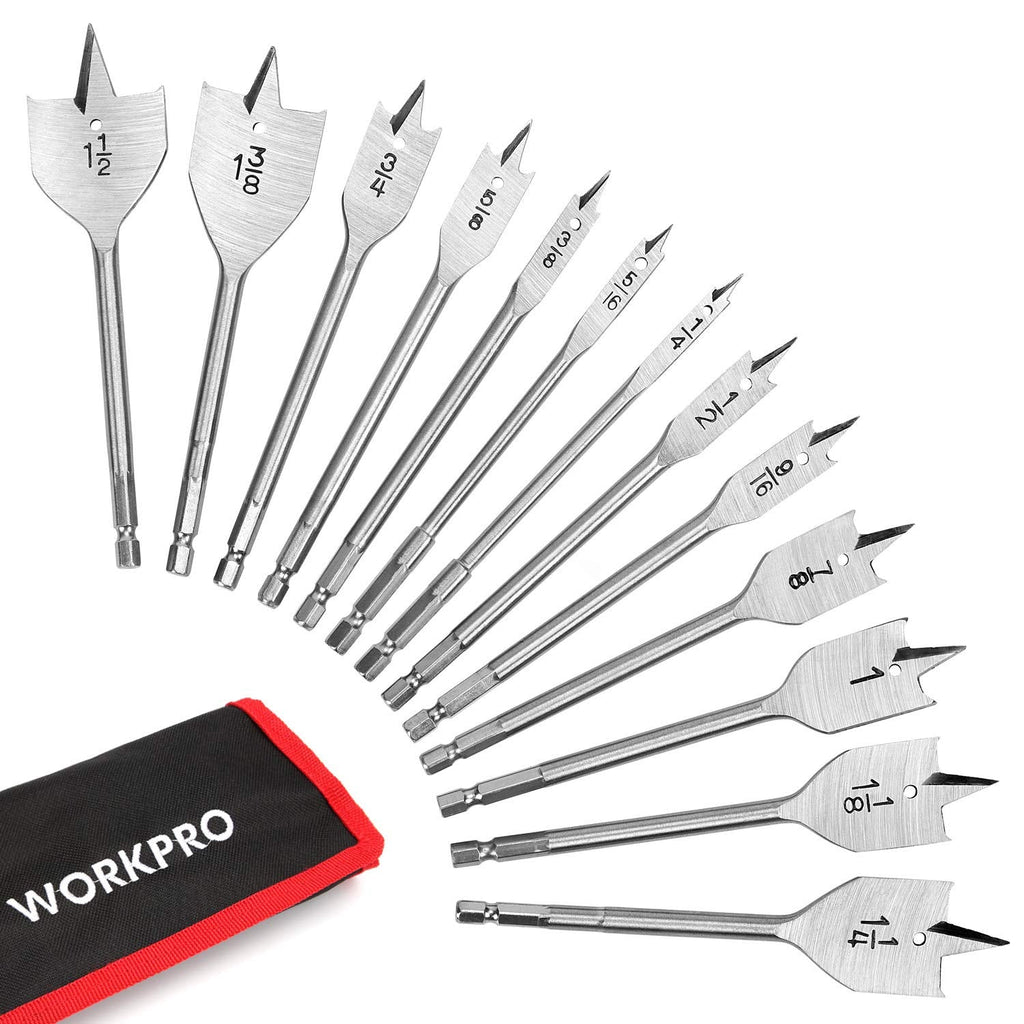 [Australia - AusPower] - WORKPRO 13-Piece Spade Drill Bit Set in SAE, Paddle Flat Bits for Woodworking, Nylon Storage Pouch Included 