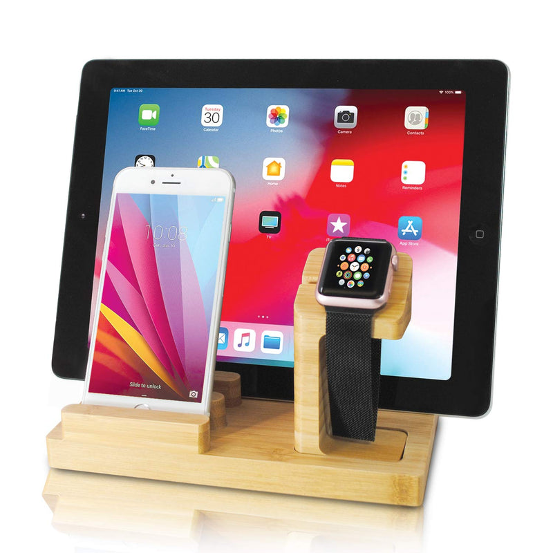 [Australia - AusPower] - Audiology Bamboo Charging Station Multi Device Charging Station for Phones, Tablets, Watches with Four USB Ports and USB Cable a) iPhone/iWatch Stand 