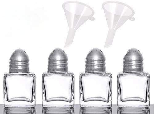 [Australia - AusPower] - Set of 4 Cube Shape Glass Mini Salt & Pepper Shakers (Stainless Steel Top) with 2 Mini Funnels for Easy Refill By Azi 