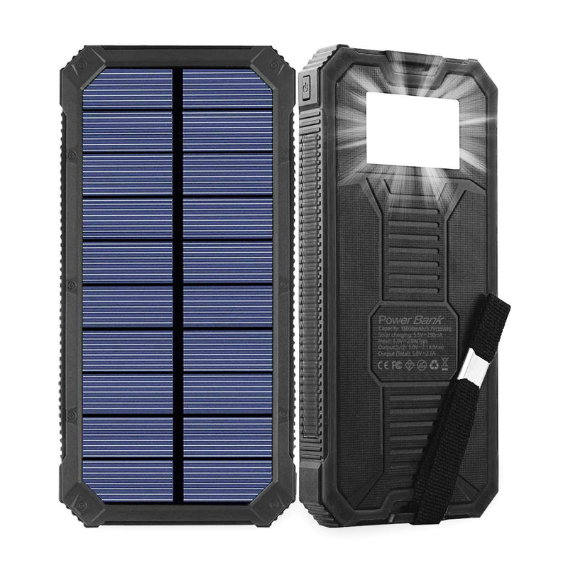 [Australia - AusPower] - Solar Charger, Friengood 15000mAh Portable Solar Power Bank with Dual USB Output Ports, Solar Phone Charger External Battery Pack with 6 LED Flashlight Light for iPhone, iPad, Android and More (Black) Black 