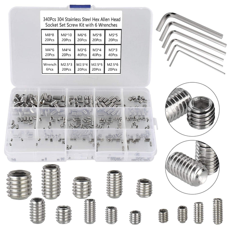 [Australia - AusPower] - HanTof 340Pcs M2.5, M3, M4, M5, M6, M8 Metric Hex Socket Head Cup Point Set Screws, Allen Head Grub Screw, Internal Hex Drive Headless Set Screw Assortment Kit with 6 Hex Wrenches, 304 Stainless Steel Silver-340pcs Metric M2.5-M8 Cup Point Set Screw 