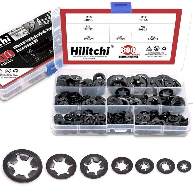 [Australia - AusPower] - Hilitchi 600-Pcs [7-Size] Internal Tooth Starlock Washers Assortment Kit, Quick Speed Locking Washers, Black Oxide Finish 