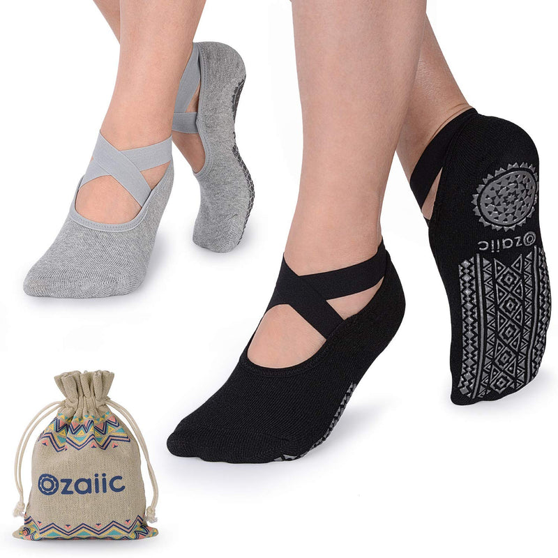 [Australia - AusPower] - Ozaiic Yoga Socks for Women Non-Slip Grips & Straps, Ideal for Pilates, Pure Barre, Ballet, Dance, Barefoot Workout 2p- Black/Gray 