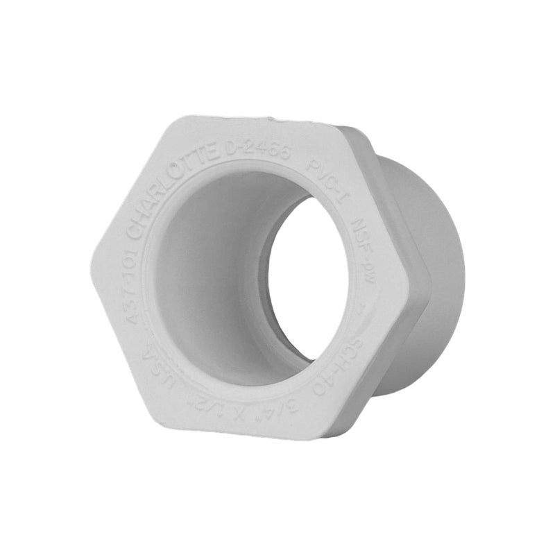 [Australia - AusPower] - Charlotte Pipe 3/4" X 1/2" Reducer Bushing Pipe Fitting - (Spigot x Socket) Schedule 40 PVC Pressure Durable, Easy to Install, High Tensile and Sound Deadening for Home or Industrial Use (Single Unit) 3/4 x 1/2 Inch (Qty: 1) White 