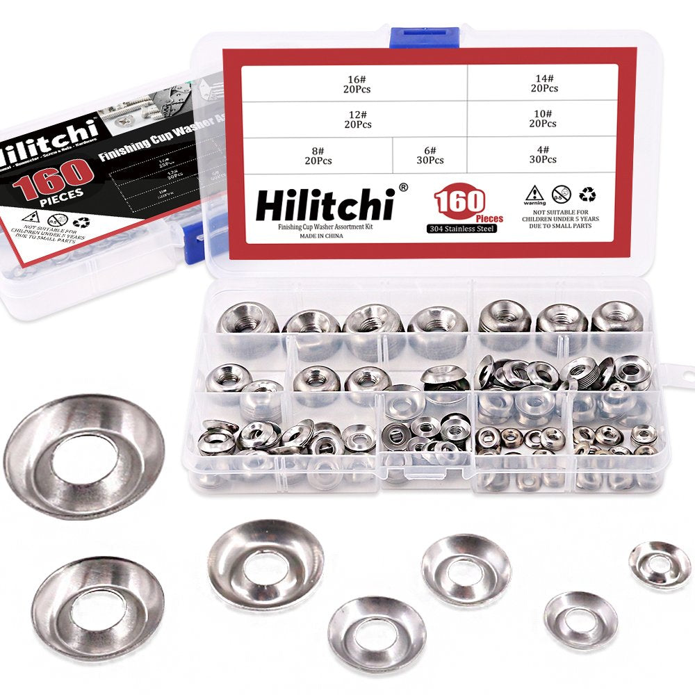 [Australia - AusPower] - Hilitchi 304 Stainless Steel [#4 - #16] Finishing Cup Countersunk Washer Assortment Set - 160 Pieces 