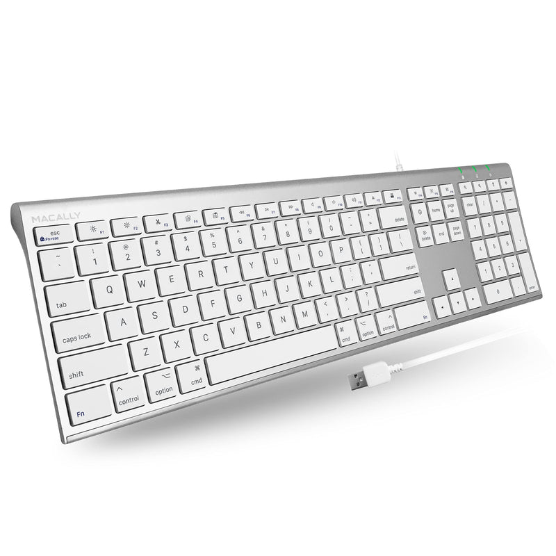 [Australia - AusPower] - Macally Ultra Slim USB Wired Computer Keyboard - Works as Windows or Mac Wired Keyboard - Full Size Keyboard with 20 Apple Shortcut Keys - Mac Keyboard with Number Pad - Silver Aluminum Finish 