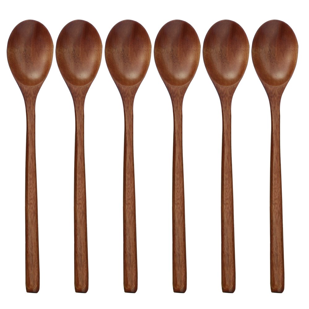 [Australia - AusPower] - Wooden Spoons, 6 Pieces 9 Inch Wood Soup Spoons for Eating Mixing Stirring, Long Handle Spoon with Japanese Style Kitchen Utensil, ADLORYEA Eco Friendly Table Spoon Brown 