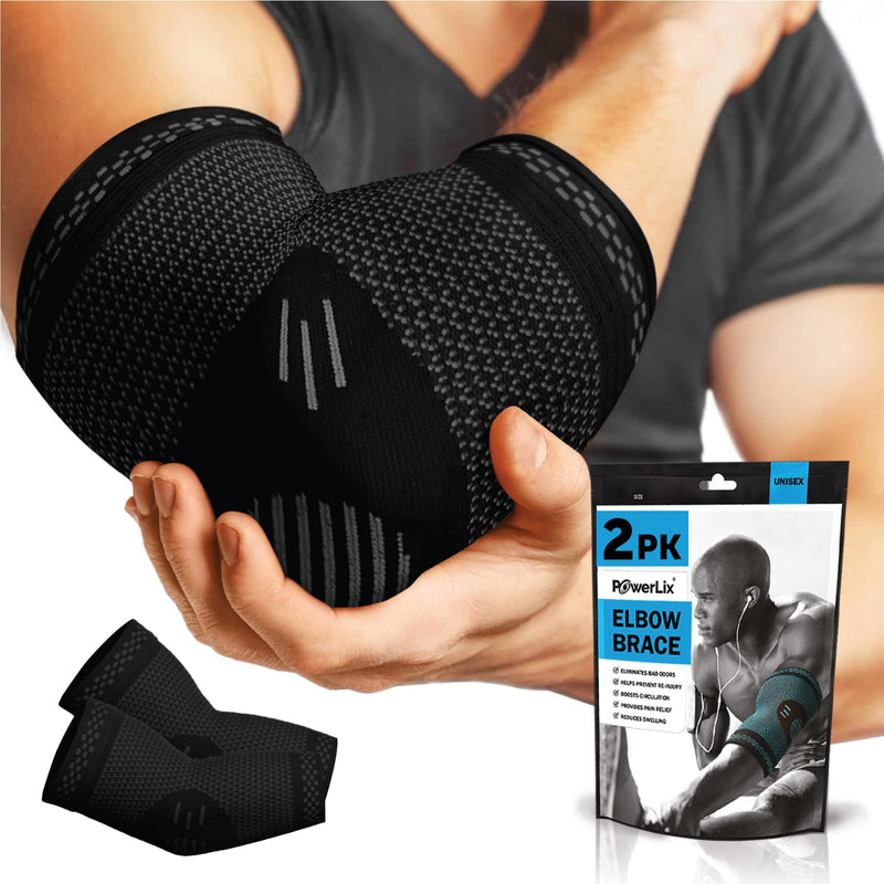[Australia - AusPower] - PowerLix Elbow Brace Compression Support (Pair) - Elbow Sleeve for Tendonitis, Tennis Elbow Brace and Golfers Elbow Treatment, Arthritis, Workouts, Weightlifting – Reduce Elbow Pain Black Large 