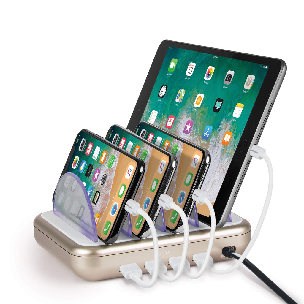 [Australia - AusPower] - Merkury Innovations 4.8 Amp 4-Port USB Charging Station Fast Charge Docking Station for Multiple Devices - Multi Device Charger Organizer - Compatible with Apple iPad iPhone and Android (White/Gold) White/Gold 
