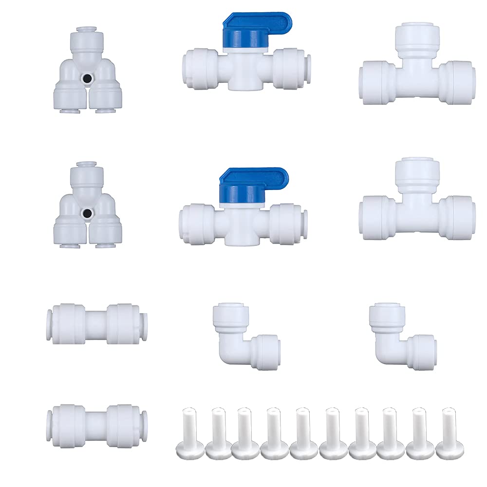 [Australia - AusPower] - PureSec 1/4 Water Line Fittings 1/4 Push to Connect Fittings for 1/4 OD Tubing(1/4 Ball Valve+1/4 T fitting+Y+L+I , Pack of 10) 