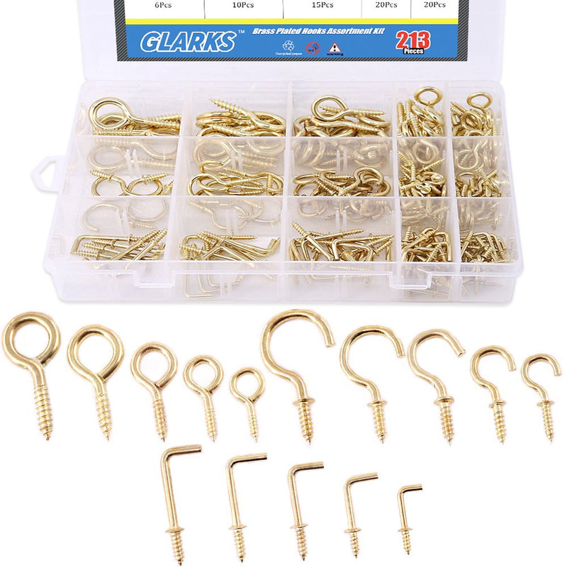 [Australia - AusPower] - Glarks 213-Pieces Brass Plated Screw Eyes & Screw-in Ceiling Cups Hooks & Square Bend Hooks Assortment Set Kit for Hanging 