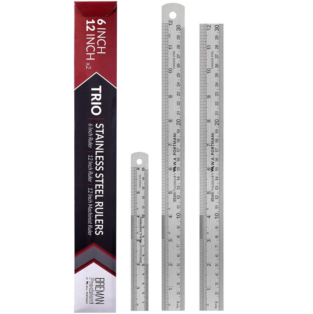 [Australia - AusPower] - Breman Precision 3 Pack Metal Ruler Set - 1 6 Inch Ruler & 2 12 Inch Stainless Steel Rulers - Steel Straight Edge Ruler Set - Metal Ruler 12 Inch & 6 Inch - Inches & Metric Ruler - Metal Rulers 