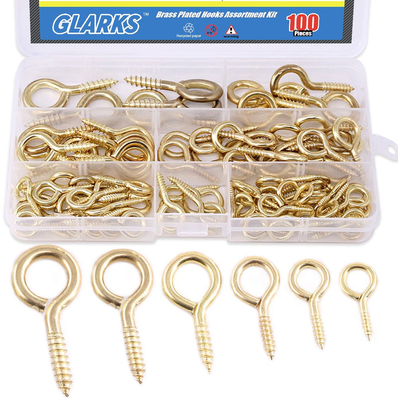 [Australia - AusPower] - Glarks 100-Pieces 6 Size Brass Plated Lag Eyebolts Screw-in Eye Shape Screw Hooks Hanging Hooks Assortment Set 