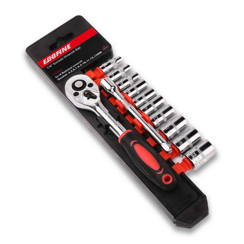 [Australia - AusPower] - Egofine 12pcs 1/4 Inch Ratchet Socket Wrench Set, Drive Socket Set with 10 Sockets 4-13mm and 2 Way Quick Released Ratchet Handle and Extension Bar 