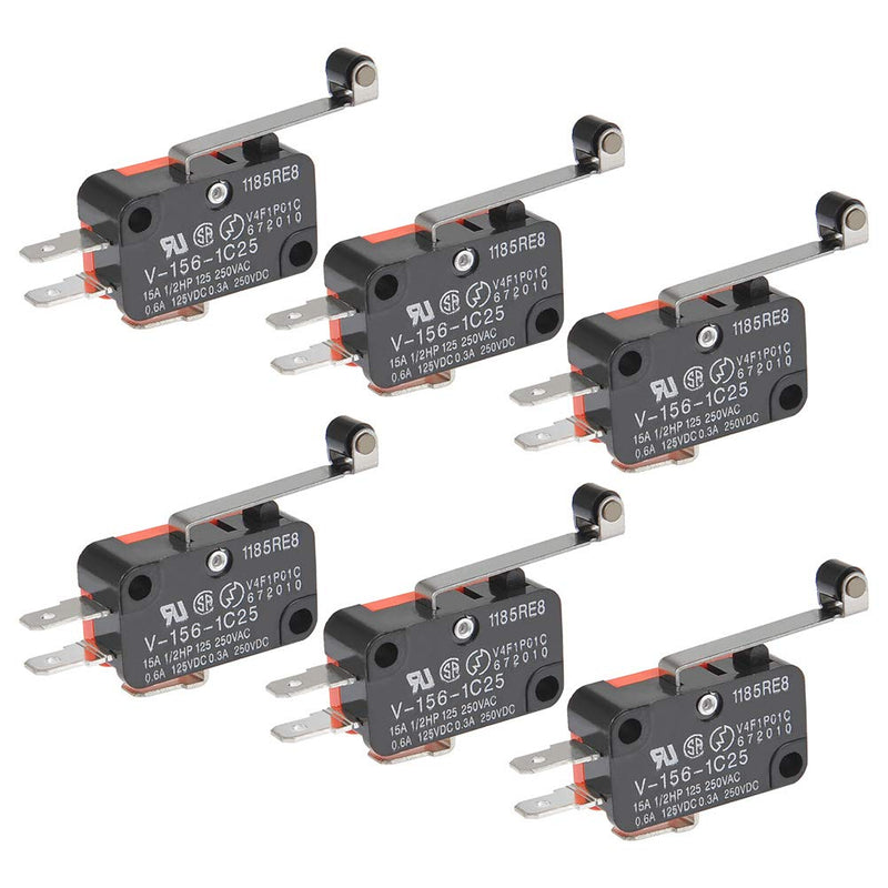 [Australia - AusPower] - BUYGOO 6Pcs V-156-1C25 Micro Limit Switch with Hinge Roller Momentary SPDT Snap Action for Arduino CYT1046 