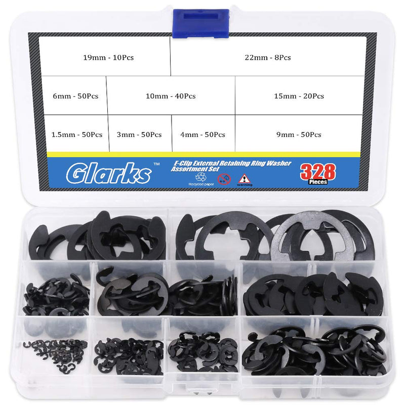 [Australia - AusPower] - Glarks 328-Pieces 9 Size Black Alloy Steel E-Clip External Retaining Ring Washer Assortment Set 