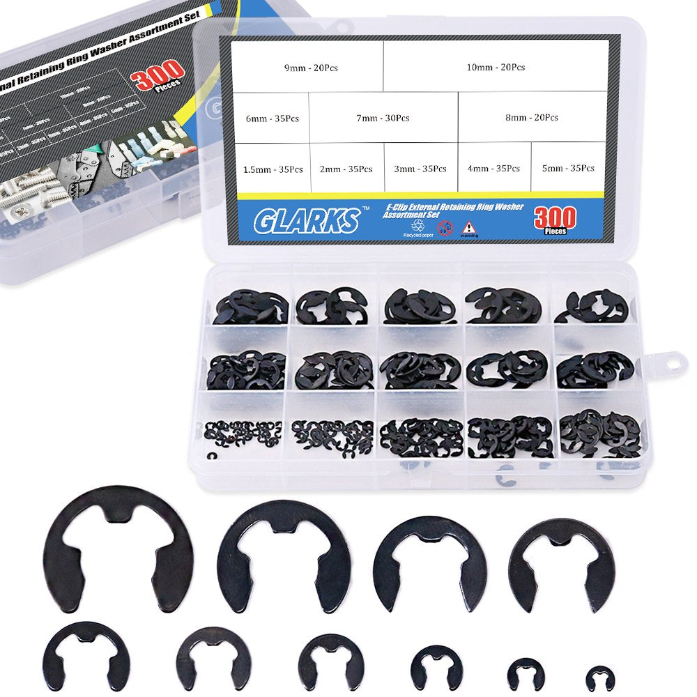 [Australia - AusPower] - Glarks 300-Pieces 10 Size Black Alloy Steel E-Clip External Retaining Ring Washer Assortment Set 