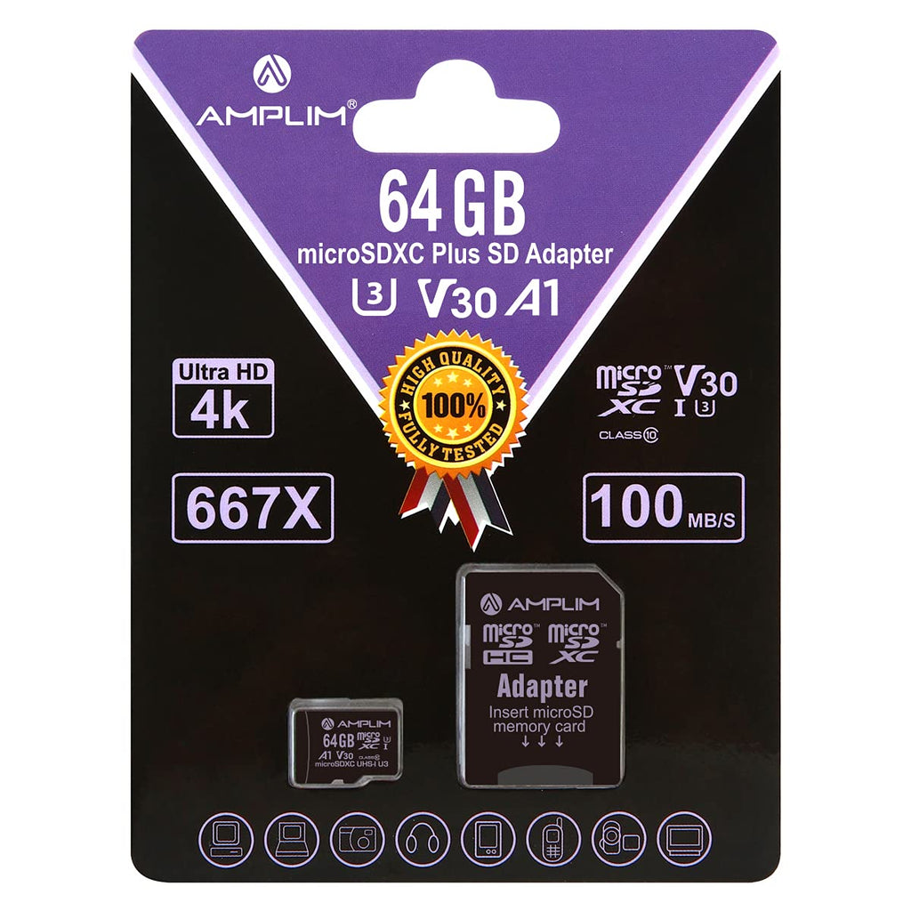 [Australia - AusPower] - Amplim 64GB Micro SD Card, Extreme High Speed MicroSD Memory Plus Adapter, MicroSDXC SDXC U3 Class 10 V30 UHS-I TF Nintendo-Switch, Go Pro Hero, Surface, Phone Galaxy, Camera Security Cam, Tablet Purple 64GB 