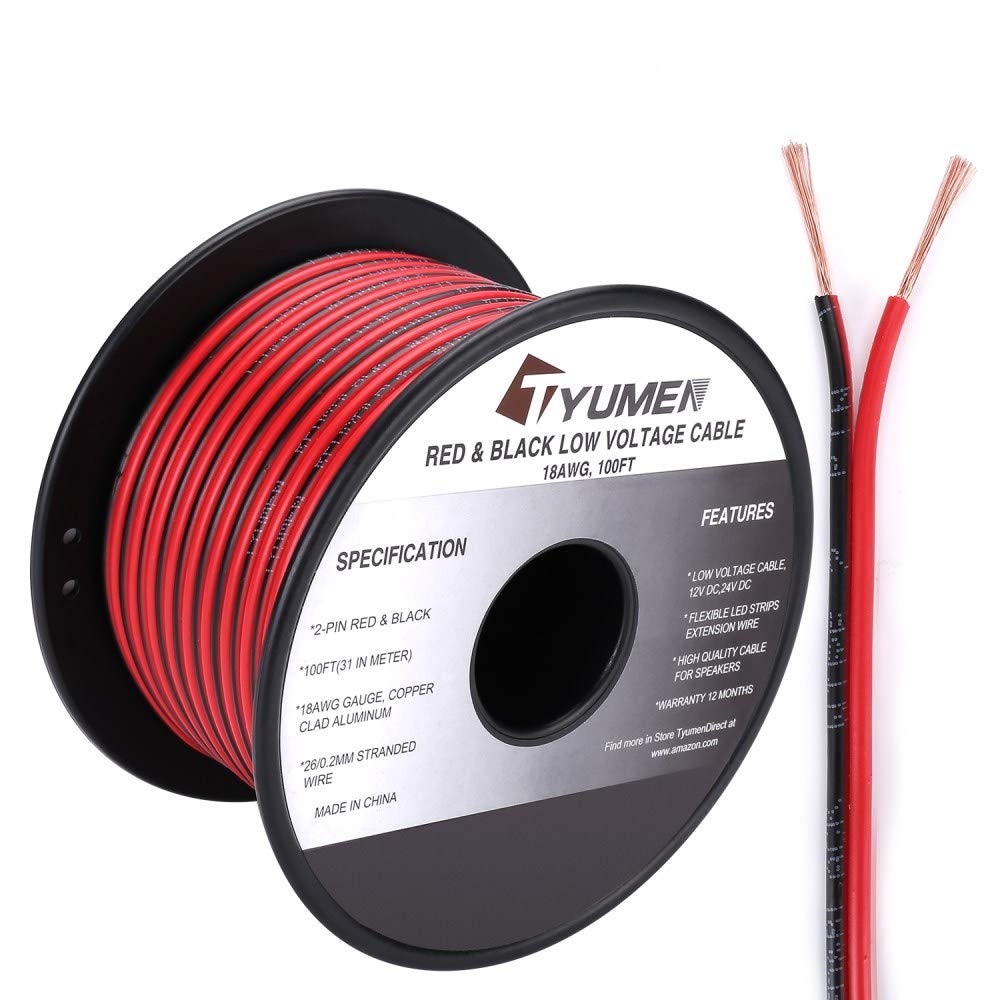 [Australia - AusPower] - TYUMEN 100FT 18 Gauge 2pin 2 Color Red Black Cable Hookup Electrical Wire LED Strips Extension Wire 12V/24V DC Cable, 18AWG Flexible Wire Extension Cord for LED Ribbon Lamp Tape Lighting 