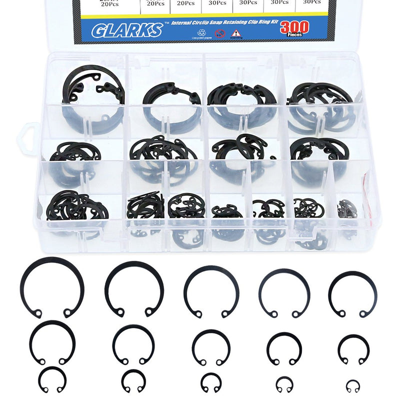 [Australia - AusPower] - Glarks 300Pcs 15 Size Metric Internal Circlips Snap Retaining Ring Assortment Kit, Black Alloy Steel 