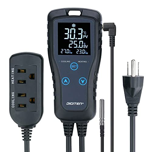 [Australia - AusPower] - DIGITEN DTC102 Temperature Controller Outlet 2-Stage Plug in Thermostat Digital Greenhouse Thermostat Reptiles Temperature Controller Heating Cooling Mode for Homebrewing Fermentation Space Heater 2-Stage Temperature Controller 