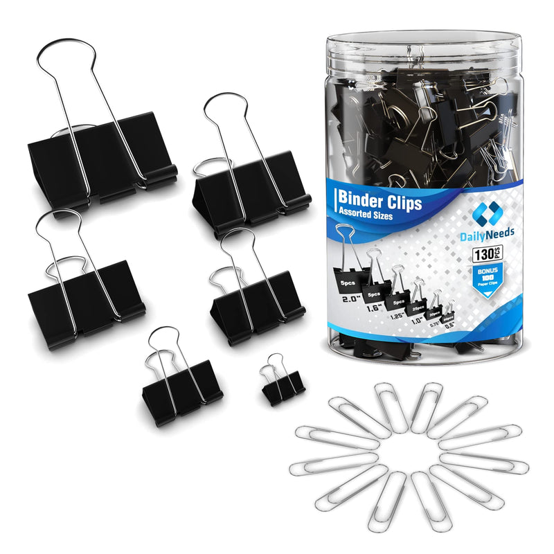 [Australia - AusPower] - 230 Pack Assorted Size Binder Clips [100 Bonus Paper Clips] - 6 Sizes Paper Clamp - Sturdy Container Included (Black) 3.6-lfgm-0059 
