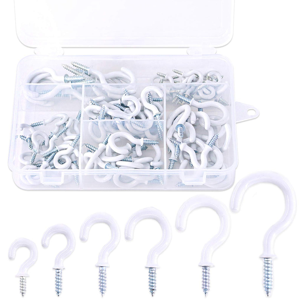 [Australia - AusPower] - Glarks 100-Pieces 6 Sizes White Vinyl Coated Cup Hooks Screw-in Ceiling Hooks Screw Hooks Mug Hooks Hangers Assortment Kit for Home and Office Use 