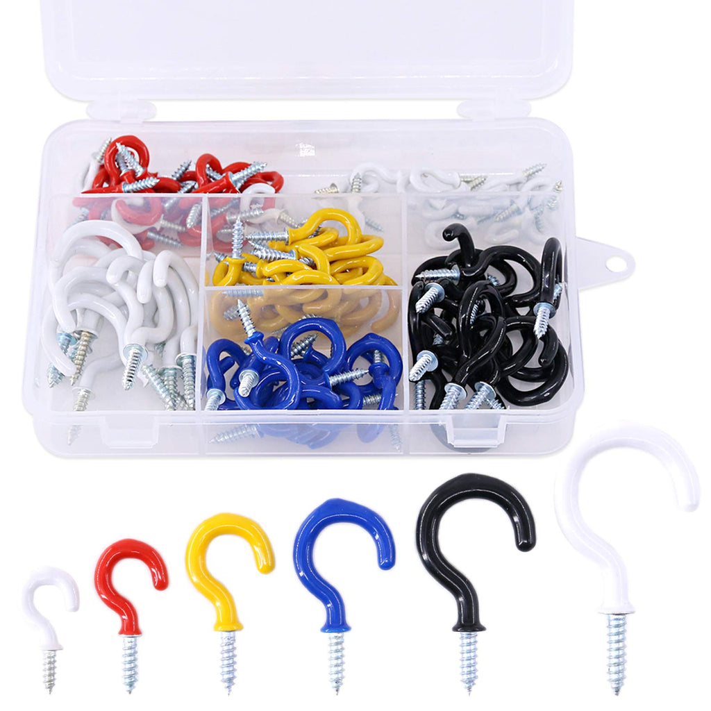 [Australia - AusPower] - Glarks 100-Pieces 6 Sizes Vinyl Coated Cup Hooks Screw-in Ceiling Hooks Screw Hooks Mug Hooks Hangers Assortment Kit for Home and Office Use - White, Black, Red, Blue, Yellow 5 Colors 