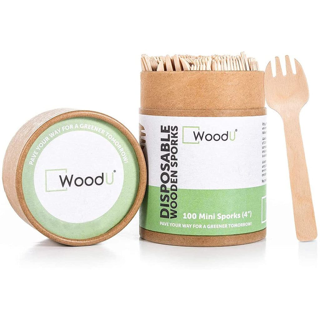 [Australia - AusPower] - WoodU Wooden Disposable Mini Sporks 4" Biodegradable Compostable Eco Friendly -Perfect for Dessert, Appetizers, Cocktails- Kids Disposable Utensils (100 Pack) 4" Mini Sporks 