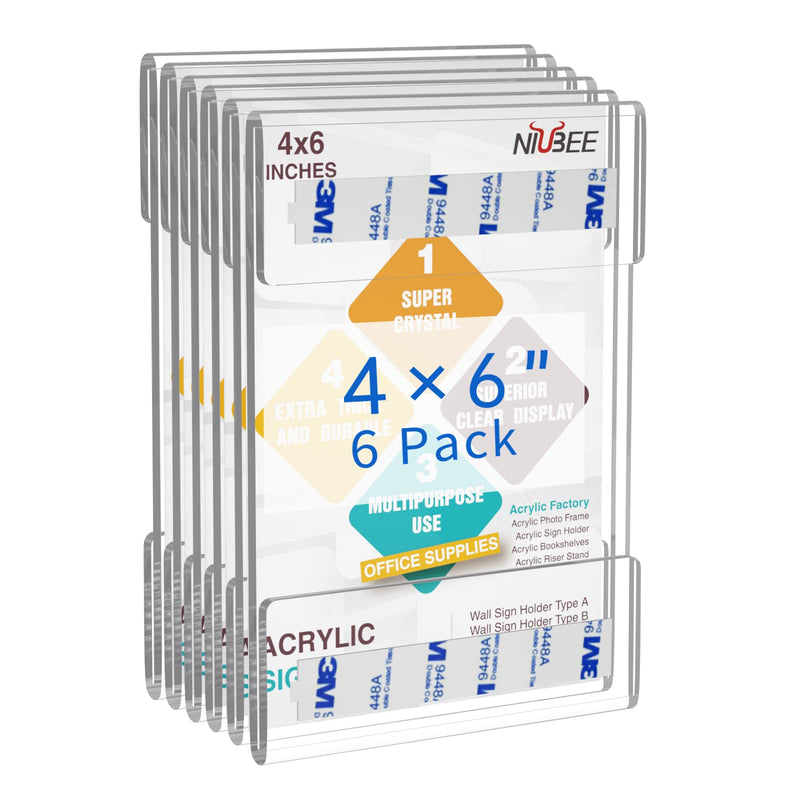 [Australia - AusPower] - Niubee 4 x 6 inch Wall Mount Acrylic Sign Holder with 3M Tape Adhesive for Office, Home, Store, Restaurant, No Drilling - Vertical (6 Pack) 4x6" 