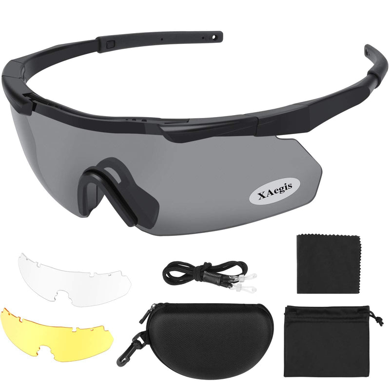 [Australia - AusPower] - Xaegistac Tactical Eyewear 3 Interchangeable Lenses Outdoor Unisex Shooting Glasses Black Frame 
