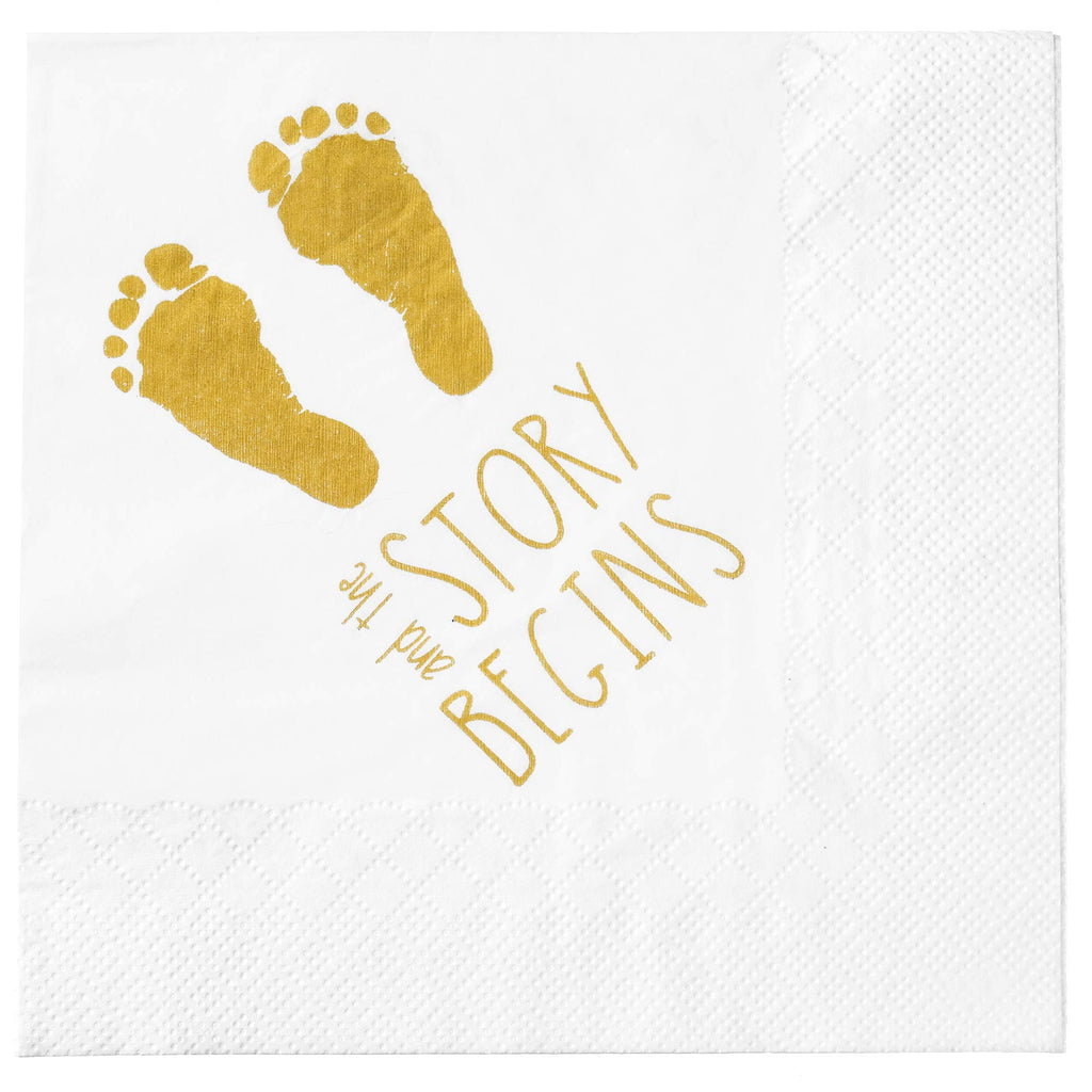 [Australia - AusPower] - Baby Shower Napkins -"And The Story Begins" 100 Gender Reveal Gold Napkins - Large 6.5 x 6.5 Inch 