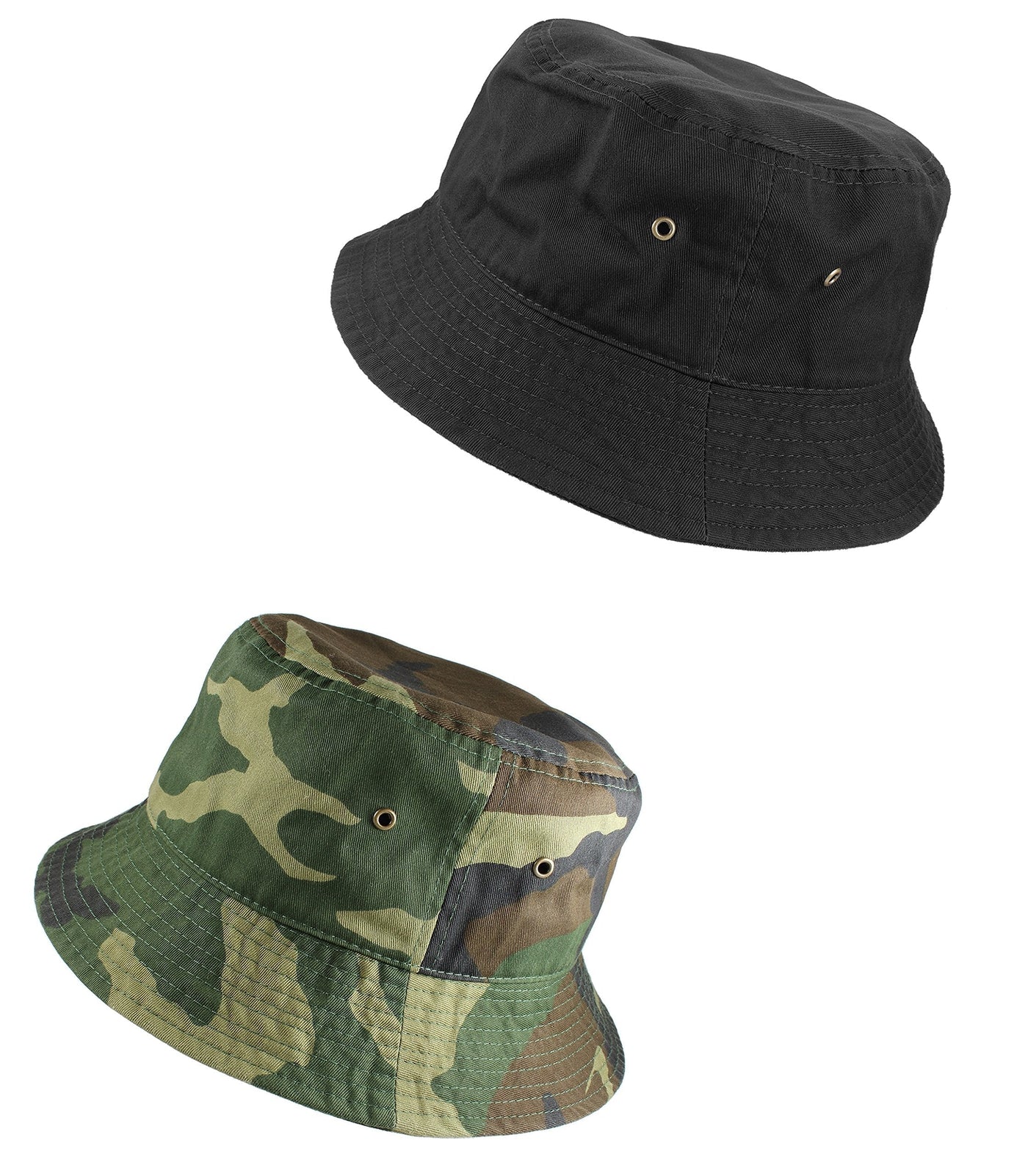 Gelante 100% Cotton Packable Fishing Hunting Summer Travel Bucket Cap Hat  Small-Medium 2pcs Black & Camo