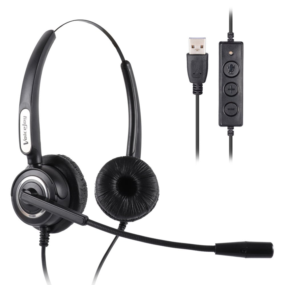 [Australia - AusPower] - VoiceJoy Call Center Noise Cancelling Corded Binaural Headset Headphone with Mic Microphone with USB Plug for Computer and Laptop, Volume Control and Mute Switch 