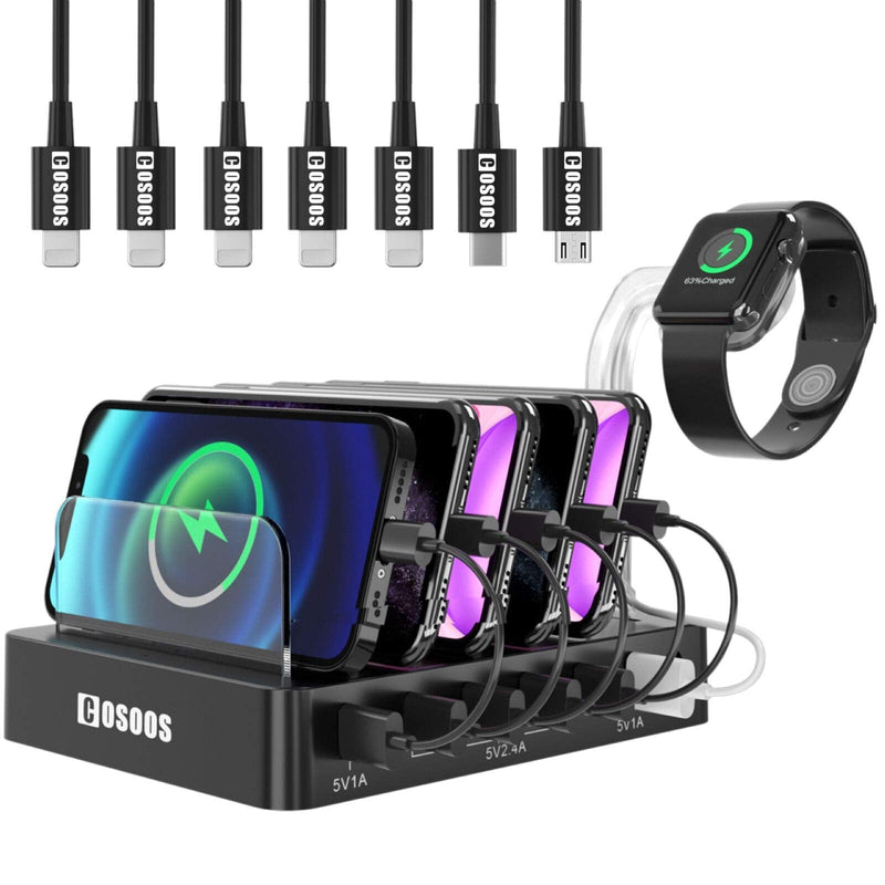 [Australia - AusPower] - USB Charging Station for iPhone 13,COSOOS Charger Station with 5 Short lPhone Charger Cables,1 Type-C,1 Micro Cable, iWatch Stand,6-Port Charging Station for Multiple Devices,Tablet 