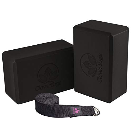 [Australia - AusPower] - Clever Yoga Blocks and Strap Set 2 Pack Yoga Blocks Light Weight High Density Foam 9x6x4 Inches and 8FT Thick Cotton Yoga Strap for Beginners and All Yogis Supports All Poses, Flexibility and Posture Black 