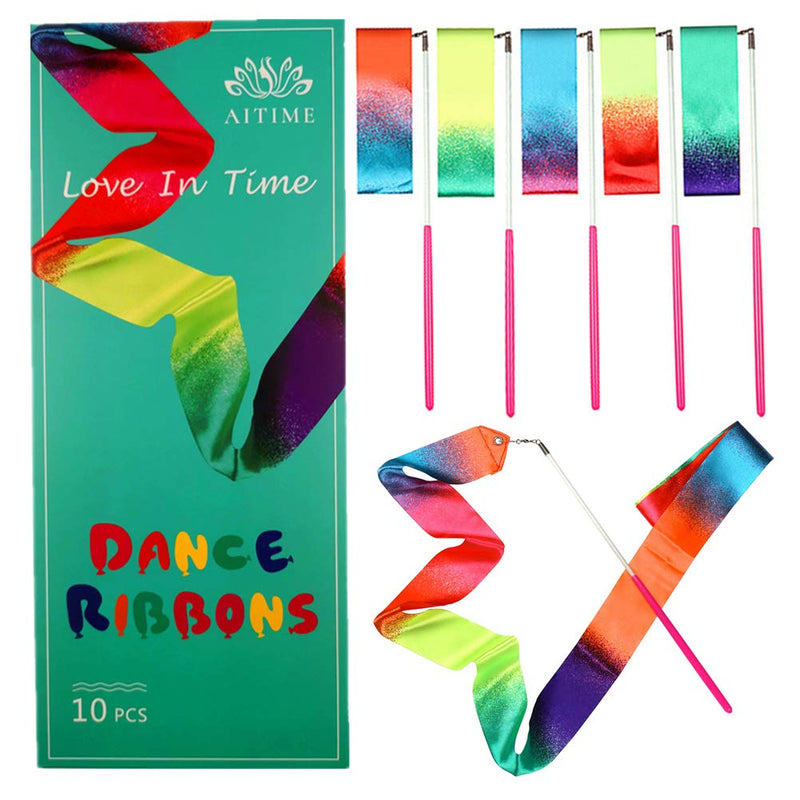 [Australia - AusPower] - AITIME 10 Pieces 2 Meters Gym Gymnastics Dance Ribbons,Rainbow Dancer Ribbons with Twirling Wands for Kids Dancing,CE and EN71 Approved, Starry Sky Colors 