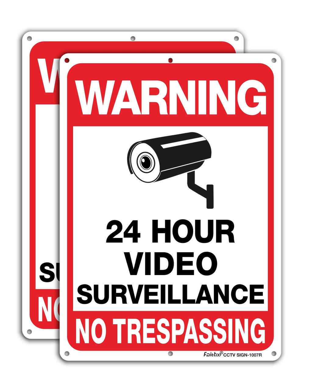 [Australia - AusPower] - Video Surveillance Sign, No Trespassing Sign, Metal Reflective Warning Sign, 10 x7 Inches 0.40 Aluminum, (2 Pack) Fade Resistant, UV Protected, Waterproof, Indoor or Outdoor Use for Home Business CCTV Black and Red on White - 2 Pack 
