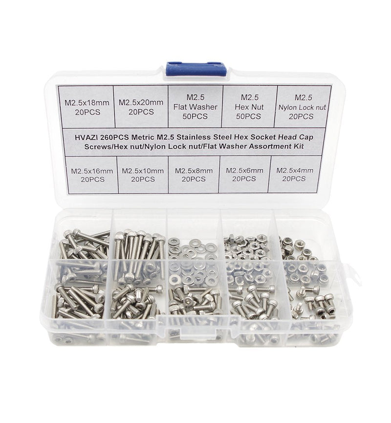 [Australia - AusPower] - HVAZI Metric M2.5 Stainless Steel Socket Head Cap Screws/Hex Nuts/Nylon Lock nut/Flat Washer Assortment Kit 