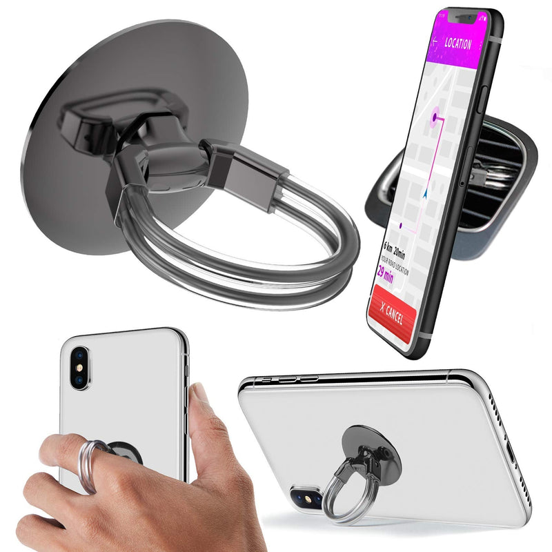 [Australia - AusPower] - Aduro Phone Ring Holder [3-in-1] - Phone Ring, Phone Stand, Phone Car Vent Mount, Finger Grip Phone Holder for All iPhone, Samsung Galaxy (Black) Black 