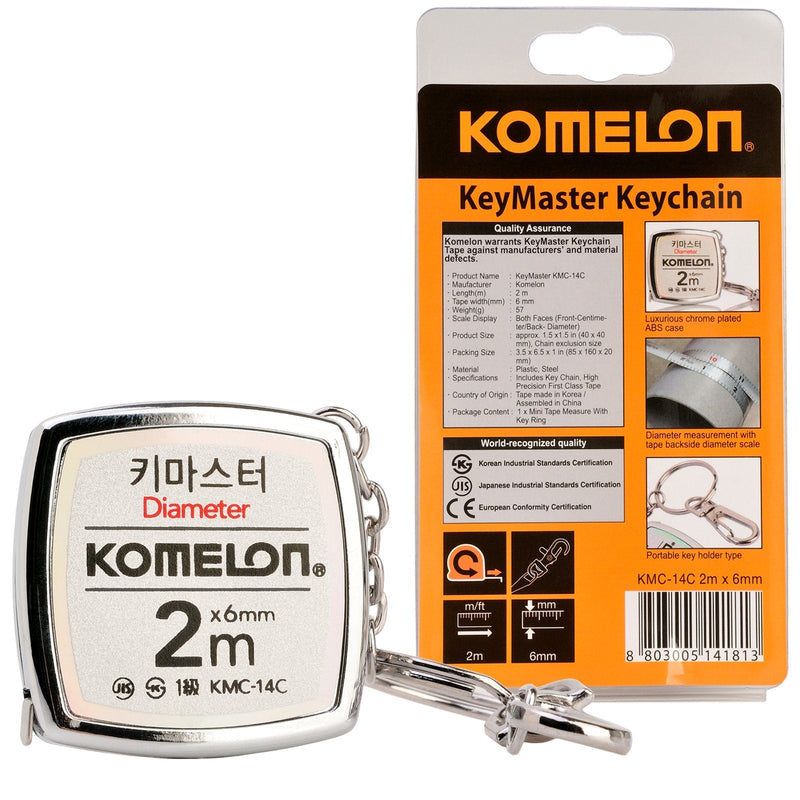 [Australia - AusPower] - Vintage Repertory Komelon KMC-14C Keymaster Metric Tape Measure 2-Meter/Diameter Keychain Pocket Mini Key Chain Ring Chrome Coated Measuring Tool with English Manual Included 