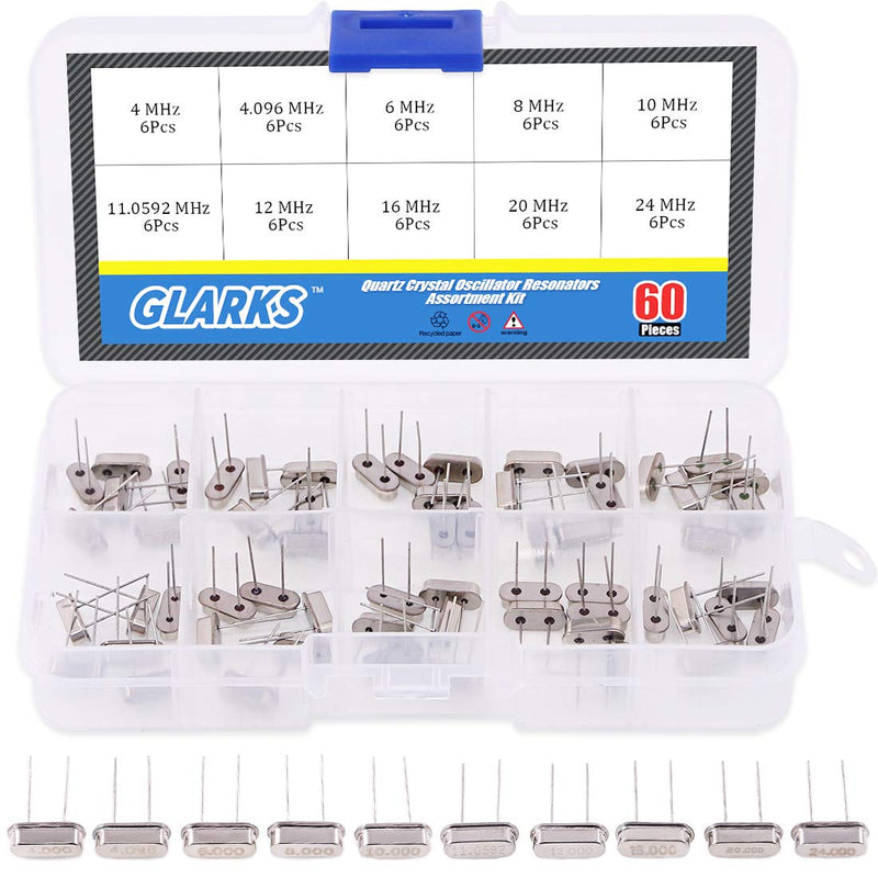 [Australia - AusPower] - Glarks 60Pcs 10-Values Quartz Crystal Oscillator Resonators Assortment Kit 4MHz, 4.096MHz, 6MHz, 8MHz, 10MHz, 11.0592MHz, 12MHz, 16MHz, 20MHz, 24MHz 