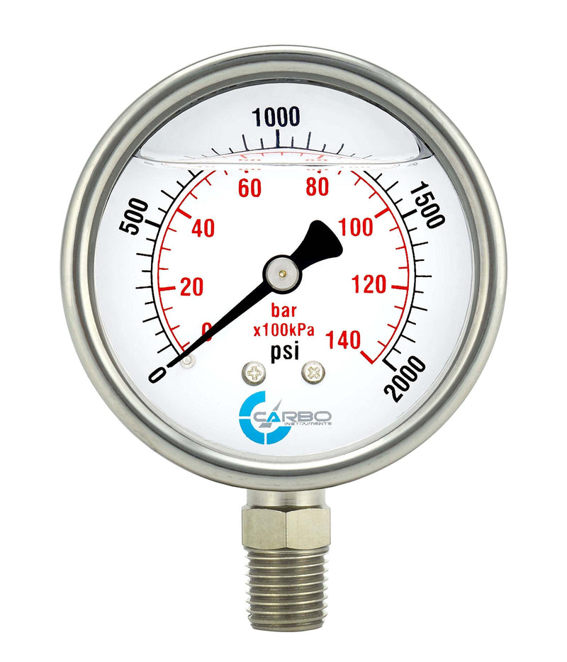 [Australia - AusPower] - CARBO Instruments Stainless Steel Pressure Gauge Dual Display (0-2000 psi/kPa) - 2 1-2" Glycerine Liquid Filled Water Air Oil Gas Gauge with Polycarbonate Lens & Brass Connection -1/4" NPT Lower Mount 0-2000 psi 