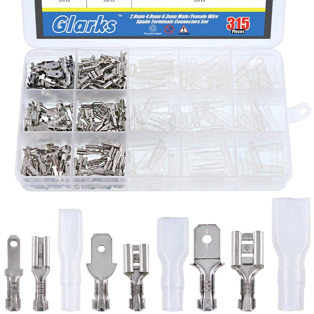 [Australia - AusPower] - Glarks 315Pcs Quick Splice 2.8mm 4.8mm 6.3mm Male and Female Wire Spade Connector Wire Crimp Terminal Block with Insulating Sleeve Assortment Kit 315Pcs Silver Spade Connector 