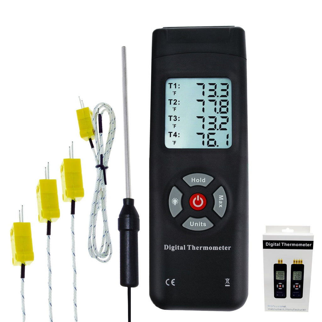 [Australia - AusPower] - Thermometer 4 Channels K-Type Thermocouple Sensor Tester with K-Type Metal & Bead Probe Backlight Temperature Instrument -50~1350°C (-58~2462°F) Max/Min/Avg 4 Channels Thermocouple 